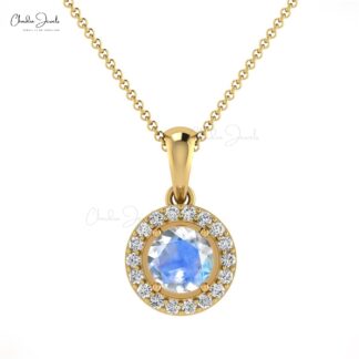 Natural Rainbow Moonstone Halo Charm With 0.32 Ct Gemstone Diamond 14k Gold Pendant