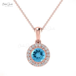 Natural Swiss Blue Topaz Halo Charm With 0.35 Ct Gemstone And Diamond 14k Gold Pendant