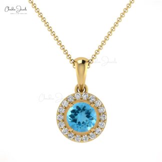 Natural Swiss Blue Topaz Halo Charm With 0.35 Ct Gemstone And Diamond 14k Gold Pendant