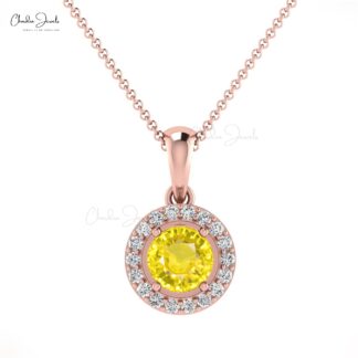 Halo Diamond Charm in 14k Real Gold With 4mm Round Yellow Sapphire Bridal Pendant