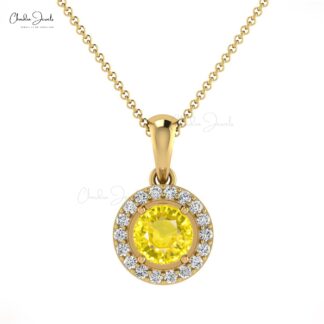Halo Diamond Charm in 14k Real Gold With 4mm Round Yellow Sapphire Bridal Pendant