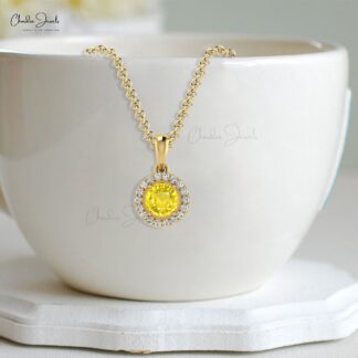 Halo Diamond Charm in 14k Real Gold With 4mm Round Yellow Sapphire Bridal Pendant