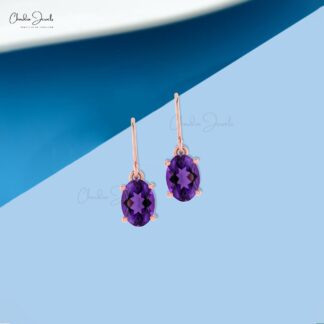 Natural Purple Amethyst 7x5mm Oval Cut Dangle Earrings, 1.44 Ct February Birthstone Gemstone Birthday Gift Earring, 14k Solid Gold Minimalist Jewelry For Anniversary