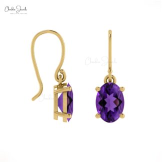 Natural Purple Amethyst 7x5mm Oval Cut Dangle Earrings, 1.44 Ct February Birthstone Gemstone Birthday Gift Earring, 14k Solid Gold Minimalist Jewelry For Anniversary