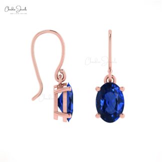 Iconic Blue Sapphire Prong Set Earrings 1.44Ct Oval Cut Genuine Gemstone Dangler Earrings 14k Real Gold Art Deco Jewelry For Wedding Gift