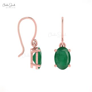 Natural Oval Emerald 14k Real Gold Dangle Earrings For Her