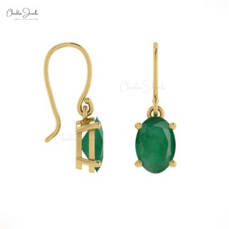 Natural Oval Emerald 14k Real Gold Dangle Earrings For Her