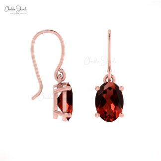 Oval Cut Garnet 14k Solid Gold Dangle Earrings With Fish Hook
