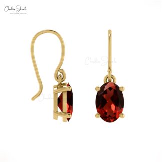 Oval Cut Garnet 14k Solid Gold Dangle Earrings With Fish Hook