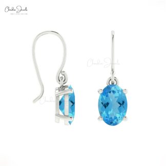 Oval Solitaire Earring With 1.98 Ct Swiss Blue Topaz 14k Real Gold Dangle Earrings
