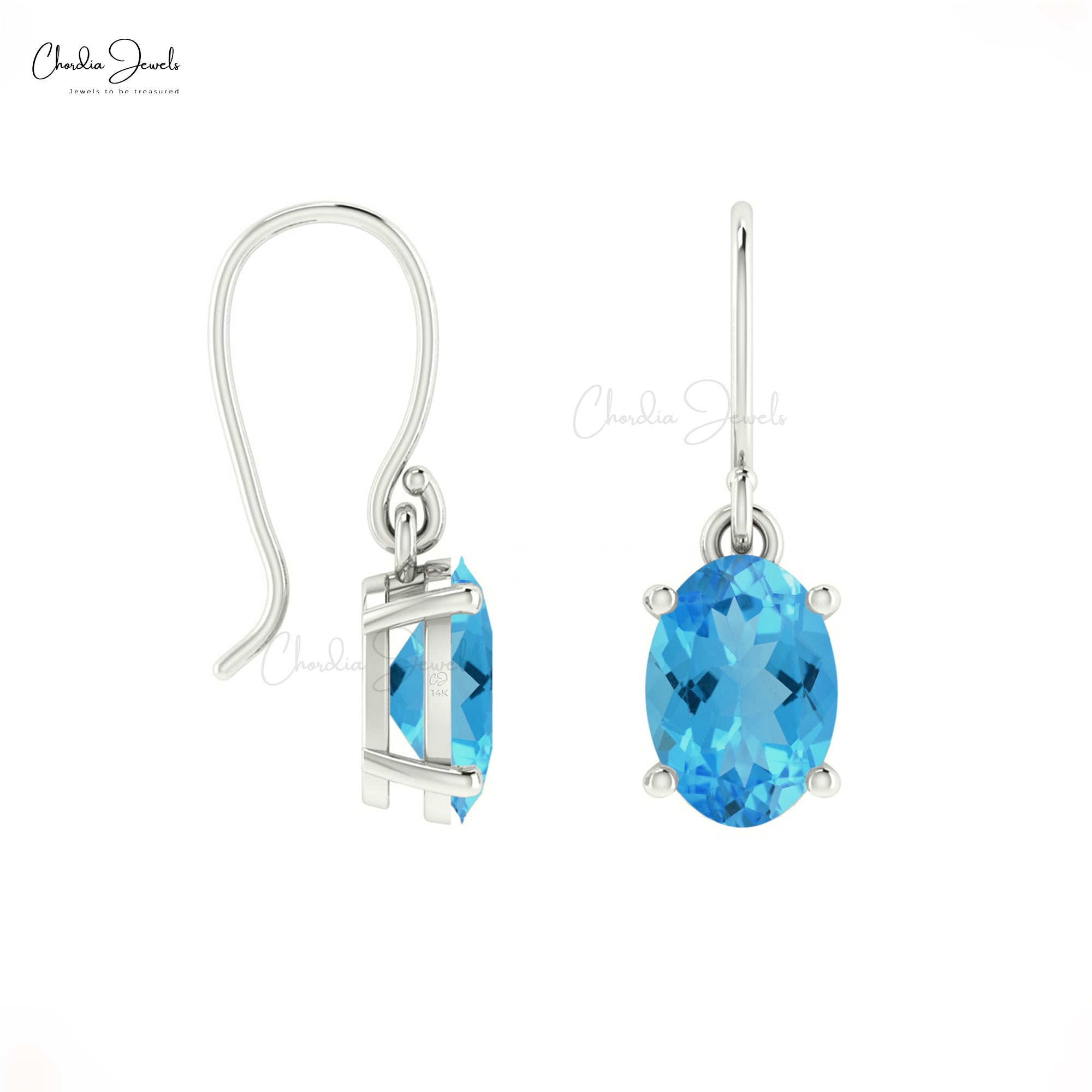 Oval Solitaire Earring With 1.98 Ct Swiss Blue Topaz 14k Real Gold Dangle Earrings