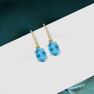 Oval Solitaire Earring With 1.98 Ct Swiss Blue Topaz 14k Real Gold Dangle Earrings