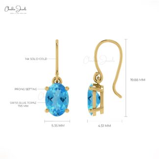 Oval Solitaire Earring With 1.98 Ct Swiss Blue Topaz 14k Real Gold Dangle Earrings