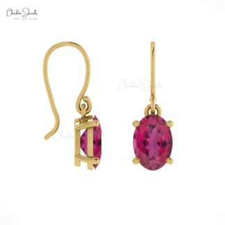 Natural Pink Tourmaline Dangle Earrings 14k Solid Gold Fish Hook Earrings For Her