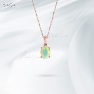 Oval Cut Dangle Pendant With 0.8 Ct Fire Opal October Birthstone 14k Solid Gold Necklace