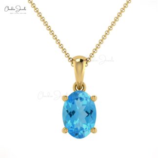 Genuine Swiss Blue Topaz Dangle Pendant in 14k Real Gold Handmade Jewelry For Mom