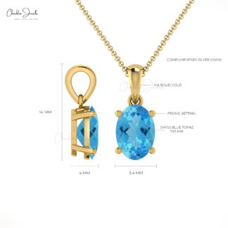 Genuine Swiss Blue Topaz Dangle Pendant in 14k Real Gold Handmade Jewelry For Mom