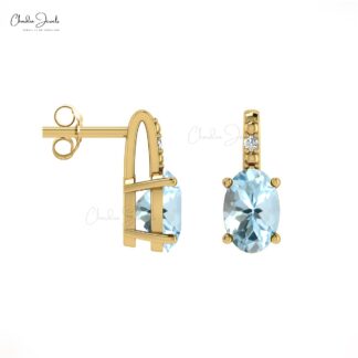 Natural Aquamarine Diamond Earrings 14k Real Gold Handmade Earrings 6x4mm Oval Cut Gemstone Jewelry For Birthday Gift