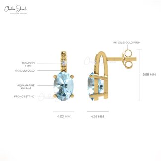 Natural Aquamarine Diamond Earrings 14k Real Gold Handmade Earrings 6x4mm Oval Cut Gemstone Jewelry For Birthday Gift
