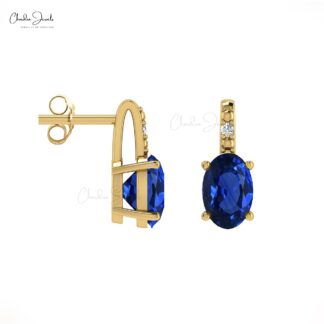 Iconic Blue Sapphire Prong Set Earrings 1.16Ct Oval Cut Genuine Gemstone Studs 14k Real Gold Diamond Art Deco Jewelry For Anniversary Gift
