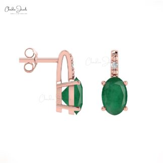 Genuine Emerald Stud Earrings With Diamond Accents In 14k Solid Gold
