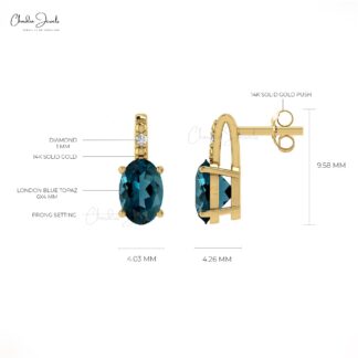 Premium Quality 14k Real Gold Earring Oval Shape Natural London Blue Topaz and White Diamond Accented Earrings Anniversary Gift For Women