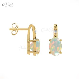 Genuine Diamond Accent Studs 14k Yellow Gold 6x4mm Opal Earrings For Her