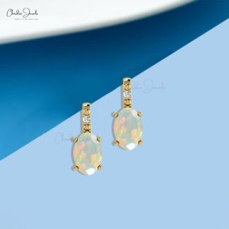 Genuine Diamond Accent Studs 14k Yellow Gold 6x4mm Opal Earrings For Her