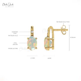 Oval Ethiopian Opal & Diamond 14K Gold Earrings 100% Natural
