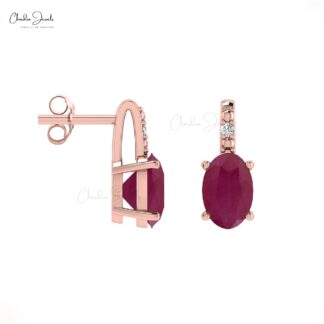 Natural 0.82Ct Oval Red Ruby with Pave Diamond Accents in 14k Solid Gold Birthstone Earrings