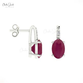 Natural 0.82Ct Oval Red Ruby with Pave Diamond Accents in 14k Solid Gold Birthstone Earrings