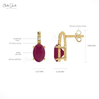 Natural 0.82Ct Oval Red Ruby with Pave Diamond Accents in 14k Solid Gold Birthstone Earrings