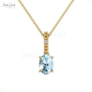 Oval Hidden Bail Locket With 0.4 Ct Aquamarine And Diamond 14k Solid Gold Pendant