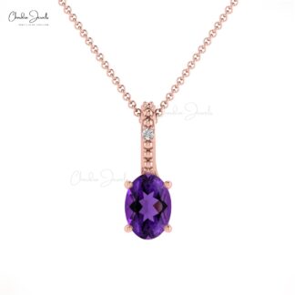 Natural Amethyst 2 Stone Pendant With Pave Diamond 14k Solid Gold Minimalist Jewelry