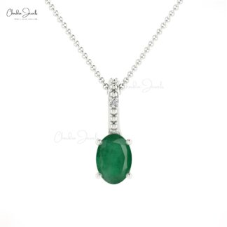 Hidden Bail Locket With Oval Emerald & Diamond 14k Solid Gold 2 Stone Pendant