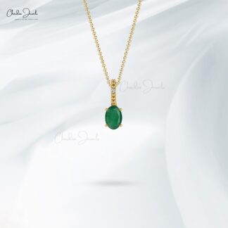 Hidden Bail Locket With Oval Emerald & Diamond 14k Solid Gold 2 Stone Pendant