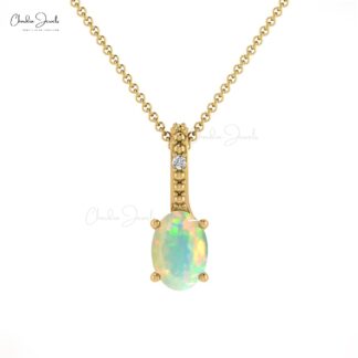 Natural Fire Opal Charm in 14k Solid Gold Gemstone And Diamond Hallmarked Pendant