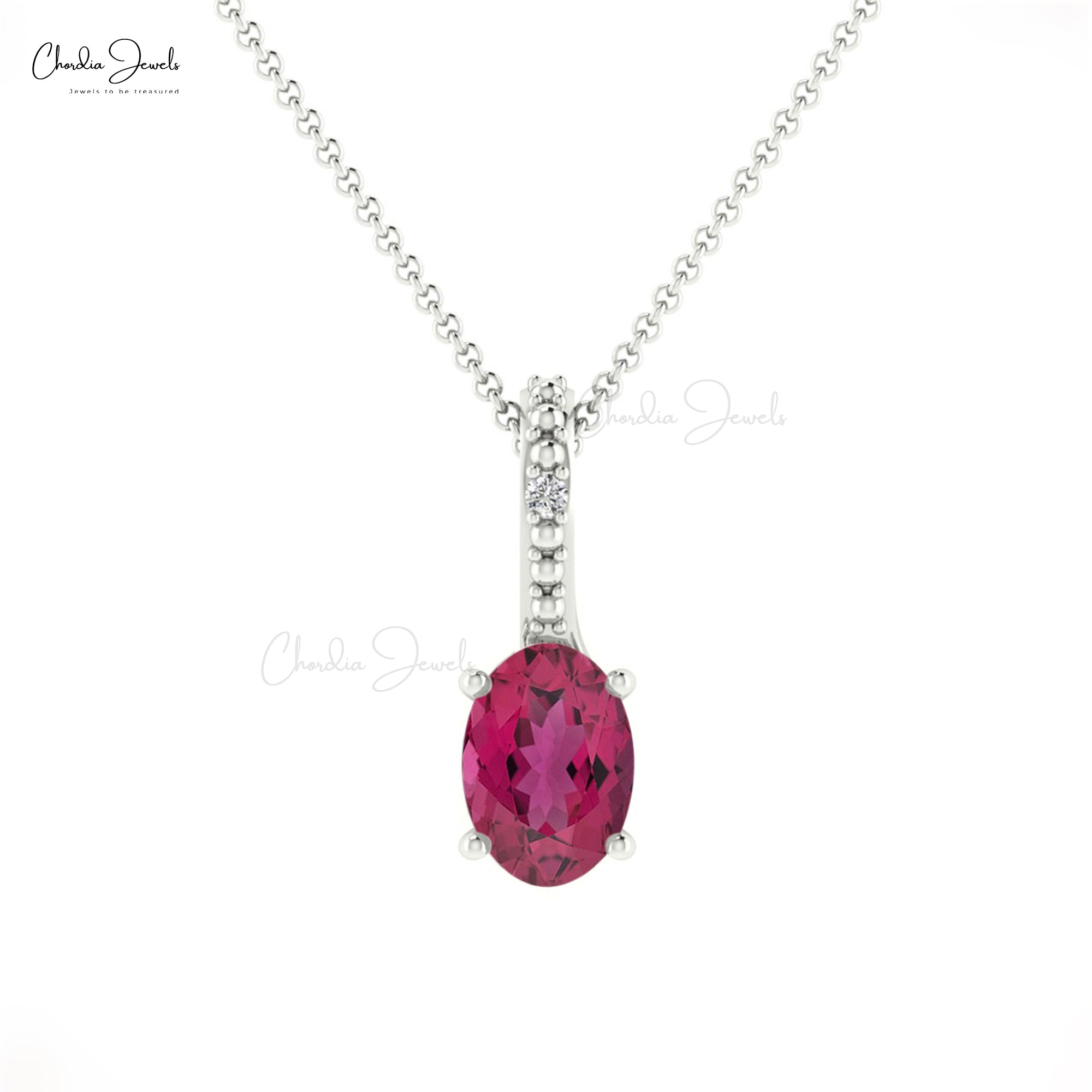 Hidden Bail Diamond Locket With 6x4mm Pink Tourmaline 14k Real Gold Pendant