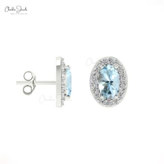 Genuine 14K Gold Oval Aquamarine & White Diamond Halo Earrings