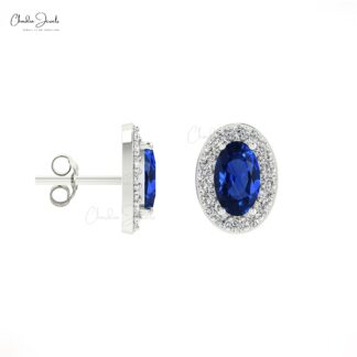 Genuine Blue Sapphire Stud Earrings with Round-Cut Diamonds in 14k Solid Gold For Her