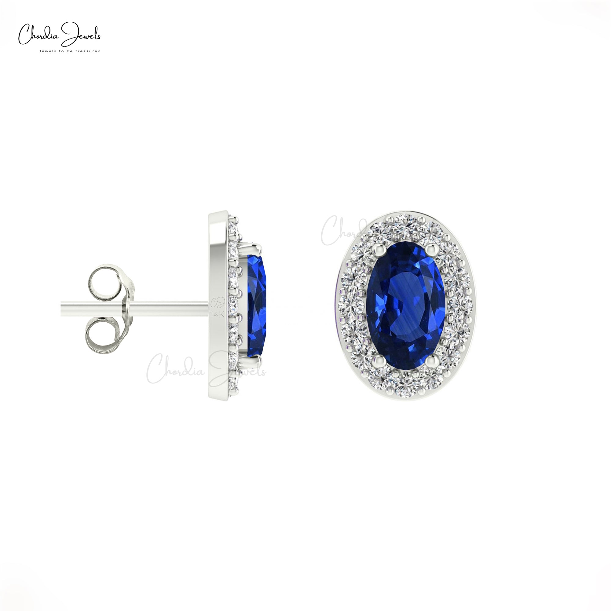 Genuine Blue Sapphire Stud Earrings with Round-Cut Diamonds in 14k Solid Gold For Her