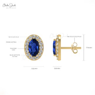 Genuine Blue Sapphire Stud Earrings with Round-Cut Diamonds in 14k Solid Gold For Her
