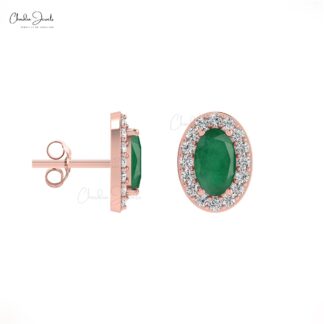 Oval Emerald & Diamond Halo Earrings In 14k Solid Gold For Women