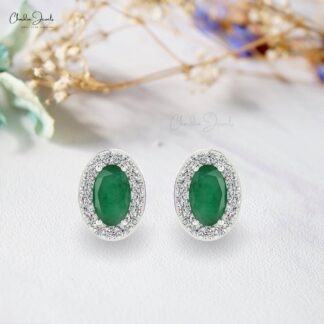 Oval Emerald & Diamond Halo Earrings In 14k Solid Gold For Women