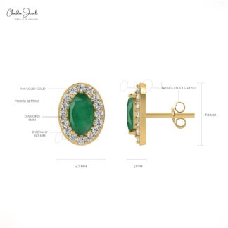 Oval Emerald & Diamond Halo Earrings In 14k Solid Gold For Women