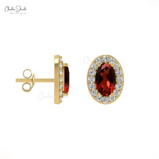 Minimalist 14K Gold Garnet & Round Diamond Halo Earrings