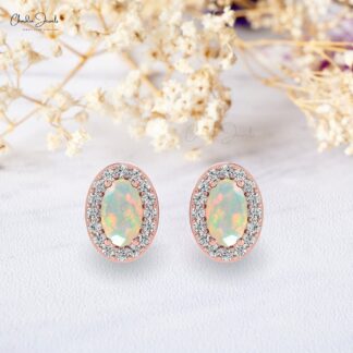 Natural 5x3mm Opal Dainty Earrings 14k Solid Gold Diamond Halo Earrings For Graduation Gift