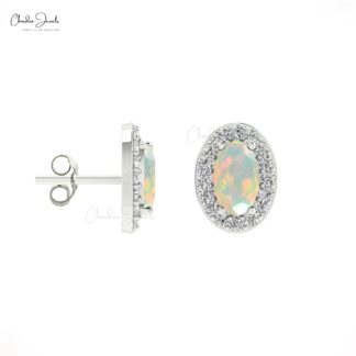 Natural 5x3mm Opal Dainty Earrings 14k Solid Gold Diamond Halo Earrings For Graduation Gift