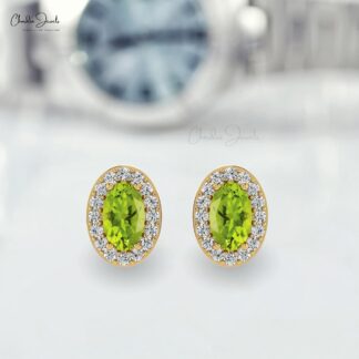 New Original Design Natural White Diamond Halo Studs August Birthstone Green Peridot Gemstone Stud Earrings 14k Solid Gold Hallmarked Jewelry For Gift
