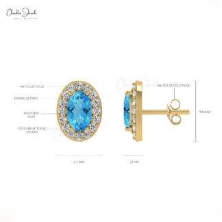 Oval Cut Swiss Blue Topaz & Diamond Halo Earrings in 14K Gold